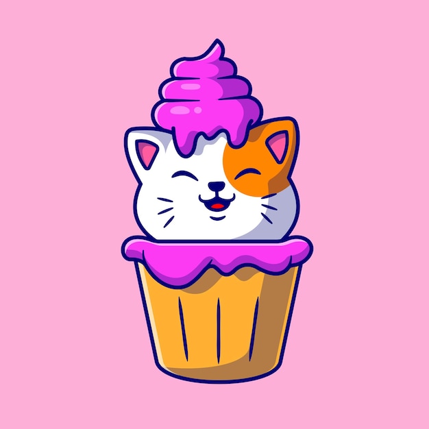 Cute Cat Cupcake Cartoon Vector Icon Illustration. Animal Food Icon Concept Isolated Premium Vector. Flat Cartoon Style