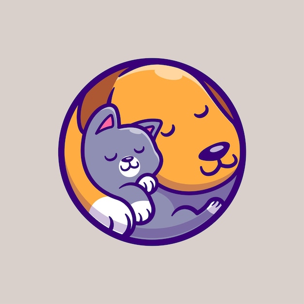 Cute cat and dog friend sleeping cartoon vector icon illustration. animal nature icon isolated flat