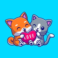 Free vector cute cat and dog holding love heart cartoon vector icon illustration. animal nature icon concept isolated premium vector. flat cartoon style
