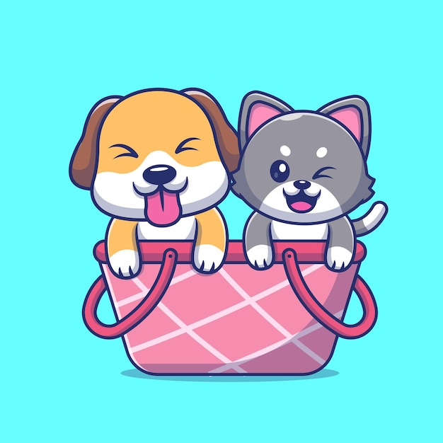 Cute cat and dog playing in basket cartoon vector icon illustration animal nature icon isolated