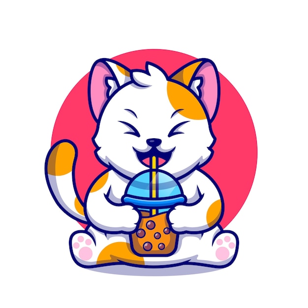 無料ベクター かわいい猫の飲み物ボバミルクティー漫画アイコンイラスト。