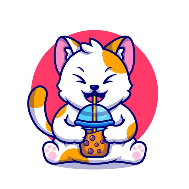 Cute Cat Drink  Boba Milk Tea Cartoon Icon Illustration.