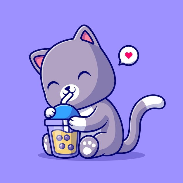 Cute cat drink boba milk tea cartoon vector icon illustration animal drink icon concept isolated