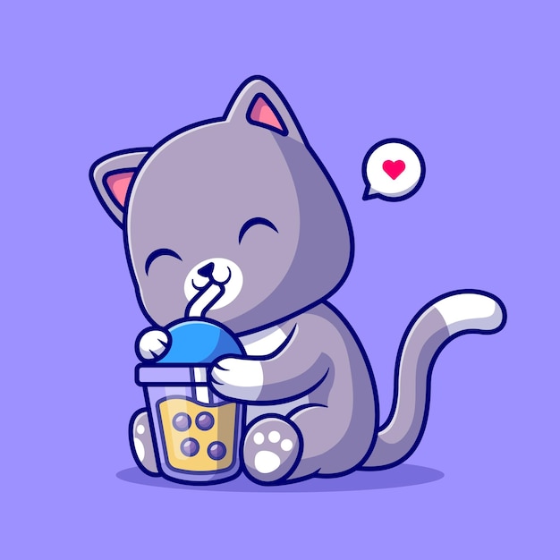 Cute Cat Drink Boba Milk Tea Cartoon Vector Icon Illustration Animal Drink Icon Concept Isolated