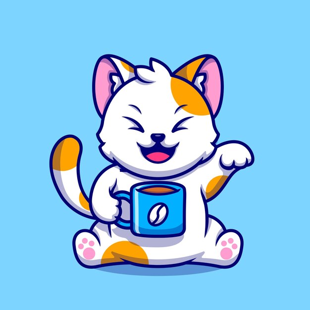 Cute Cat Drink Coffee Cup Cartoon   Icon Illustration. Animal Drink Icon Concept Isolated  . Flat Cartoon Style