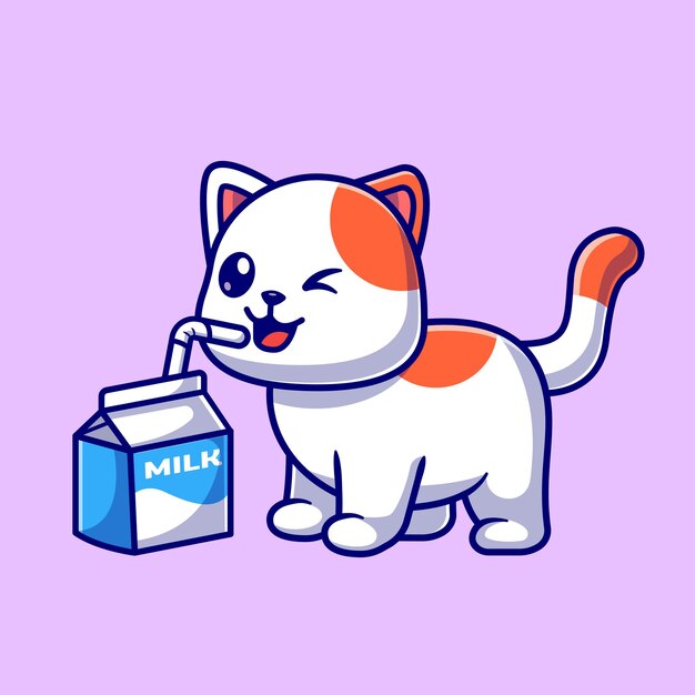 Cute Cat Drink Milk Cartoon Vector Icon Illustration. Animal Drink Icon Concept Isolated Premium Vector. Flat Cartoon Style