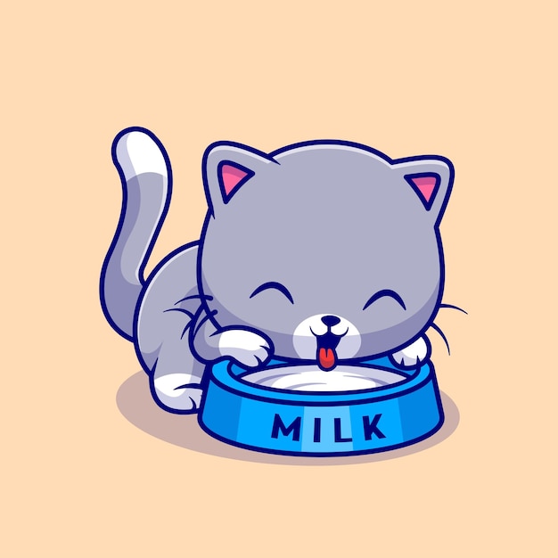 Cute Cat Drink Milk Cartoon Vector Icon Illustration Animal Drink Icon Concept Isolated Premium