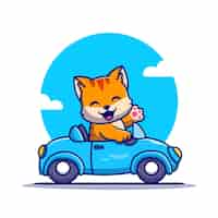 Free vector cute cat driving car cartoon character. animal transportation isolated.