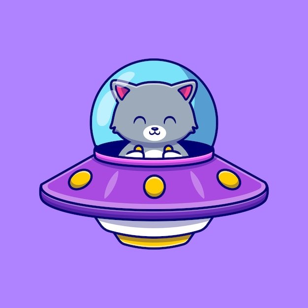 かわいい猫の運転宇宙船Ufo漫画アイコンイラスト。分離された動物技術アイコンの概念。フラット漫画スタイル