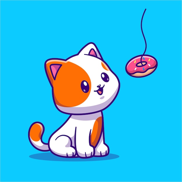 Милый Кот Ест Пончик Мультфильм Векторная Икона Иллюстрация Концепции Иконы Пищи Животных Изолированные Плоские