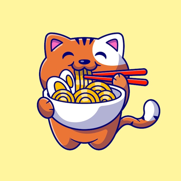 Cute Cat Eating Ramen Noodle With Chopstick Cartoon  Icon Illustration. Animal Food Icon Concept Isolated  . Flat Cartoon Style