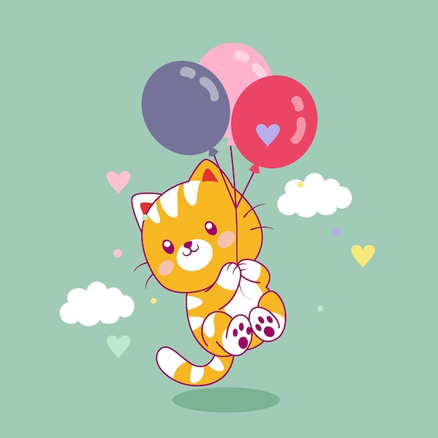 Бесплатное векторное изображение Милый кот летит с воздушными шарами