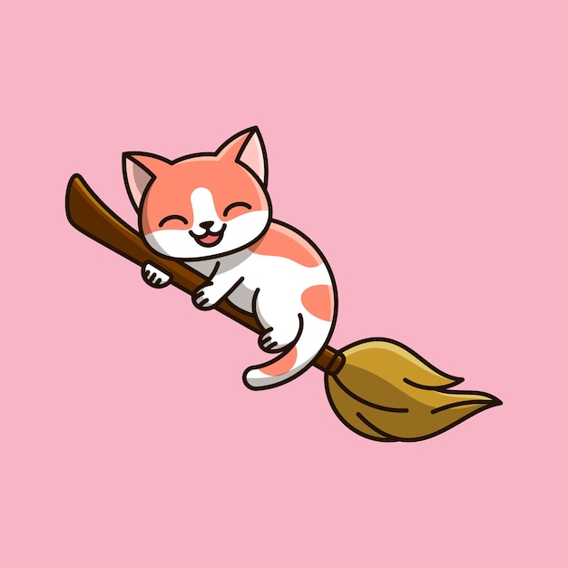 免费矢量可爱的猫用魔法扫帚飞行