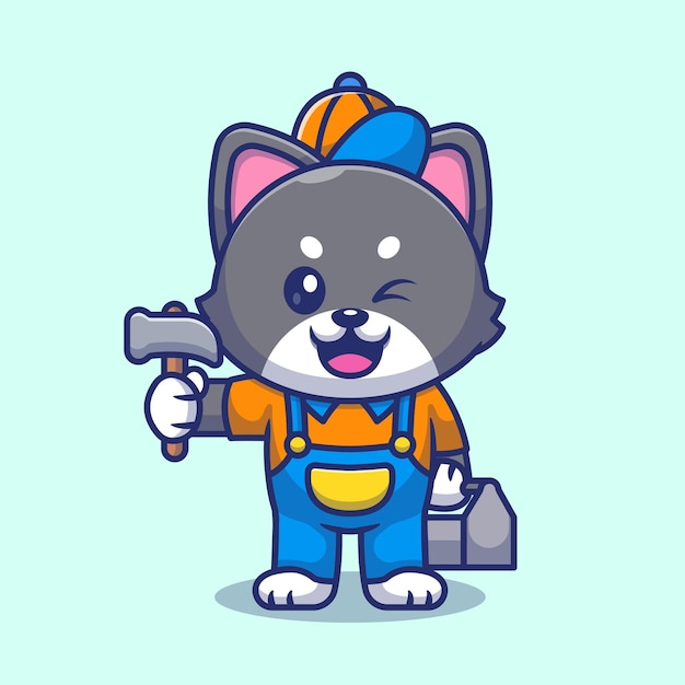 Free vector cute cat handyman holding hammer cartoon vector icon illustration animal building icon isolated