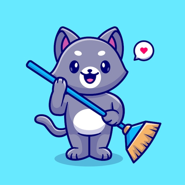Cute Cat Holding Broom Cartoon Vector Icon Illustration Animal Nature Icon Concept Isolated Premium