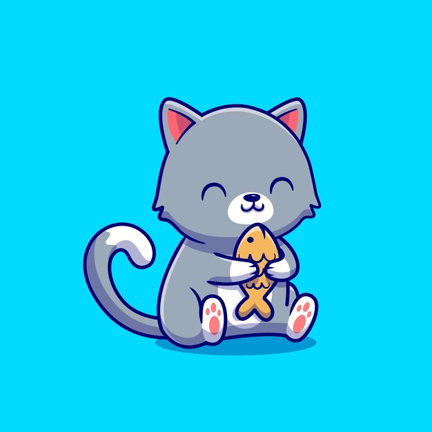 Cute Cat Holding Fish Cartoon Icon Illustration. Animal Food Icon Concept Isolated  . Flat Cartoon Style