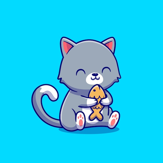 Cute Cat Holding Fish Cartoon Icon Illustration. Animal Food Icon Concept Isolated  . Flat Cartoon Style