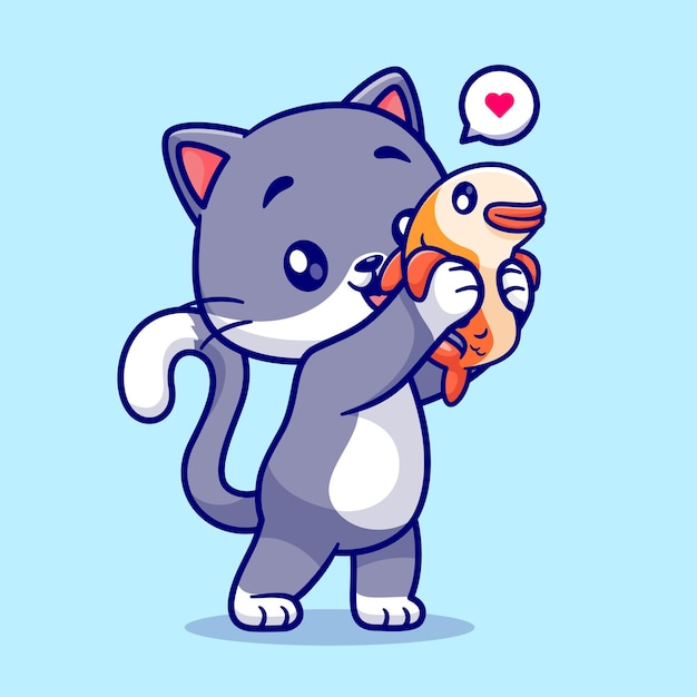 Cute Cat Holding Fish Cartoon Vector Icon Illustration Animal Nature Icon Concept Isolated Premium