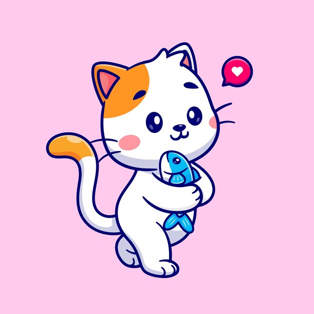 Cute Cat Holding Fish Cartoon Vector Icon Illustration. Animal Nature Icon Concept Isolated Premium