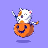 Free vector cute cat holding knife in pumpkin halloween cartoon icon illustration.