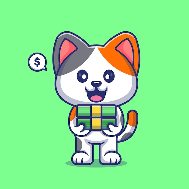 Бесплатное векторное изображение Милый кот холдинг деньги доллар мультфильм вектор икона иллюстрация животных финансов икона концепция изолирована