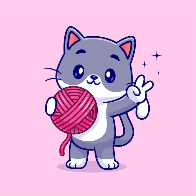 Cute Cat Holding Yarn Ball Cartoon Vector Icon Illustration. Animal Nature Icon Concept Isolated Premium Vector. Flat Cartoon Style
