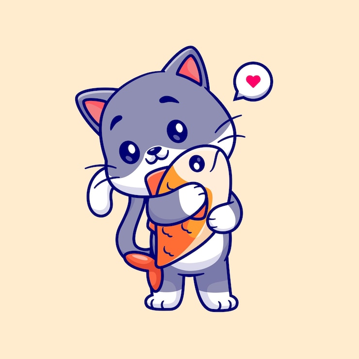 Free Vector cute cat hug fish cartoon vector icon illustration. animal food icon concept isolated premium vector