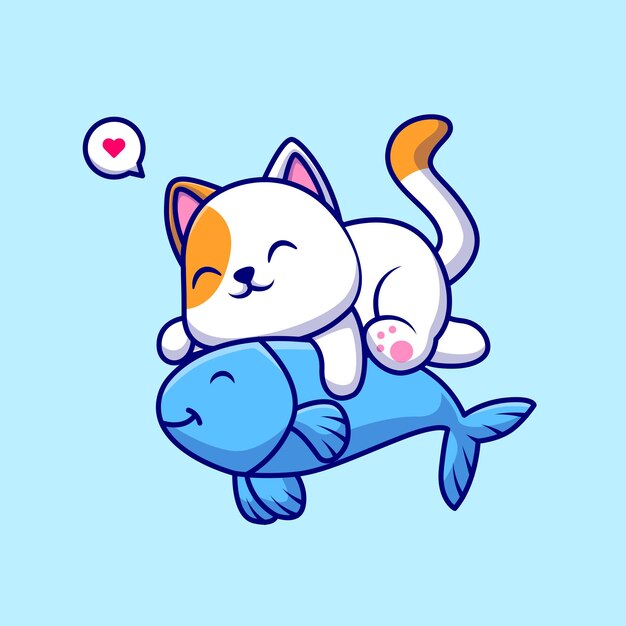 Cute Cat Hug Fish Cartoon Vector Icon Illustration. Animal Nature Icon Concept Isolated Premium Flat