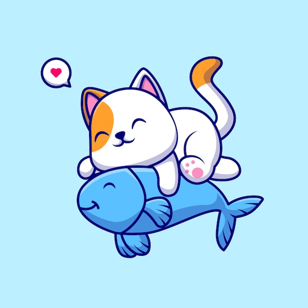 귀여운 고양이 포옹 물고기 만화 벡터 아이콘 그림. 동물의 자연 아이콘 개념 절연 프리미엄 플랫