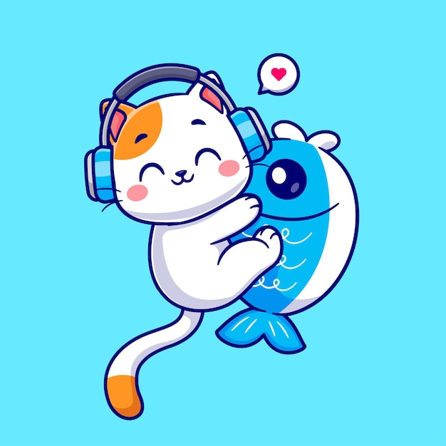 Cute Cat Hug Fish With Headphone Cartoon Vector Icon Illustration Animal Technology Icon Concept