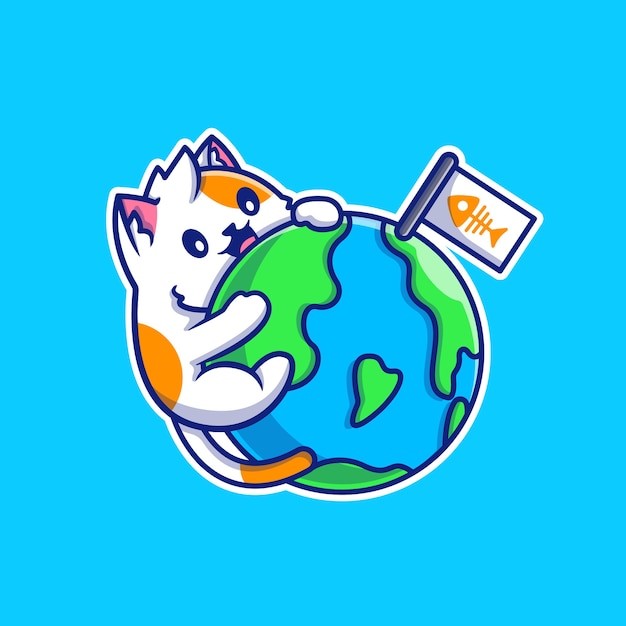 Vettore gratuito cute cat hug world cartoon illustrazione vettoriale. natura animale concetto vettore isolato. stile cartone animato piatto