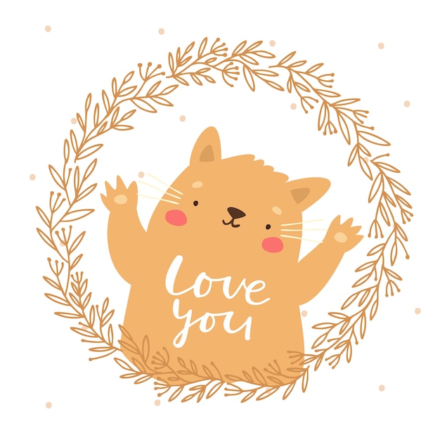 Бесплатное векторное изображение Милый кот в венке люблю тебя