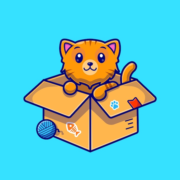 Милый кот в коробке мультипликационный персонаж. изолированная природа животных.