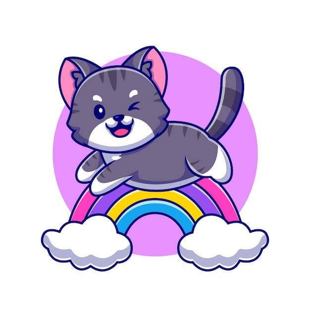 무지개와 구름 만화 아이콘 일러스트와 함께 점프하는 귀여운 고양이.