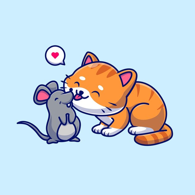 Cute Cat Licking Mouse Cartoon Vector Icon Illustration. Animal Nature Icon Concept Isolated Premium