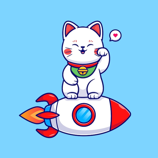 Cute cat maneki neko su rocket cartoon vettore icona illustrazione tecnologia animale icona isolata