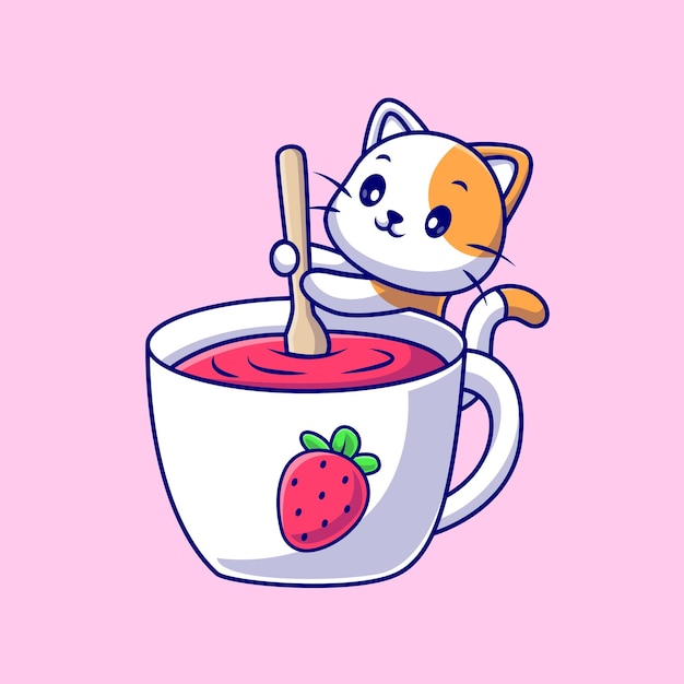 Милый кот, смешивающий клубнику в чашке, мультяшный вектор иконы . изолированная плоская икона животного напитка