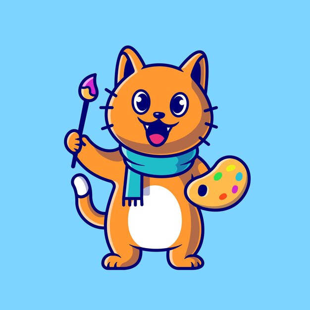 Cute Cat Painter Holding Colour Pallete And Brush Cartoon Vector Icon Illustration. Animal Art Icon Concept Isolated Vector. Flat Cartoon Style