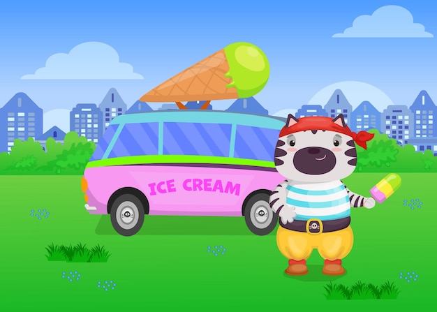 Cute cat in pirate costume selling ice cream in van illustration.