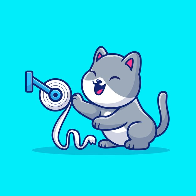 かわいい猫はトイレティッシュペーパーイラストを再生します マスコットの漫画のキャラクター 分離された動物 プレミアムベクター