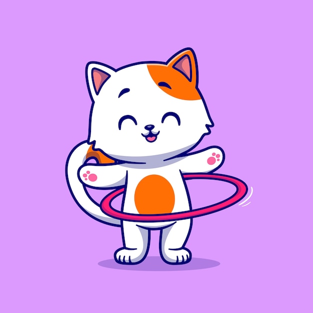 Cute Cat Playing Hula Hoop Cartoon Vector Icon Illustration. Animal Sport Icon Concept Isolated Premium Vector. Flat Cartoon Style
