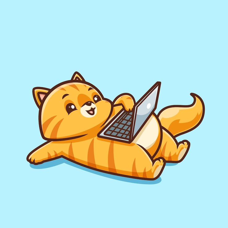 Free Vector cute cat playing laptop on stomach cartoon vector icon illustration animal technology isolated flat