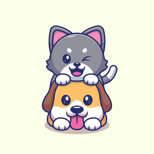 Cute cat playing with dog cartoon vector icon illustration animal nature icon concept isolated flat