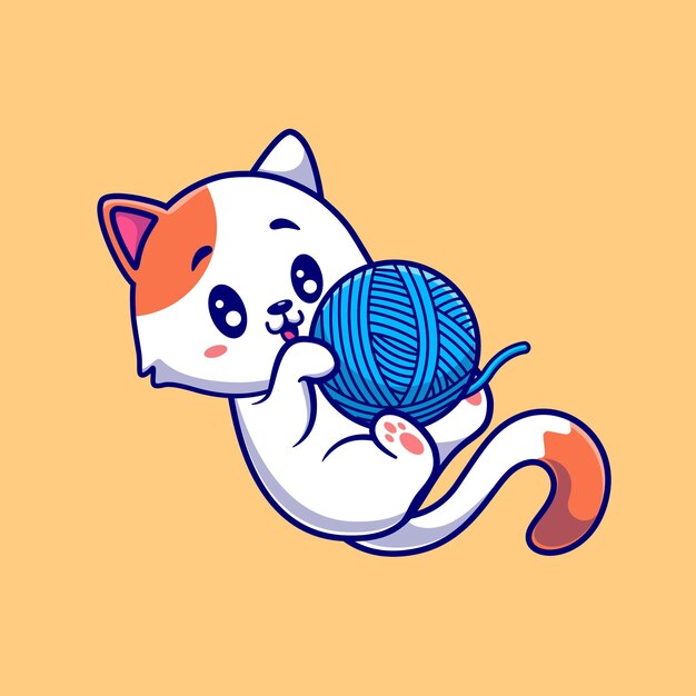 Cute Cat Playing Yarn Ball Cartoon Illustration