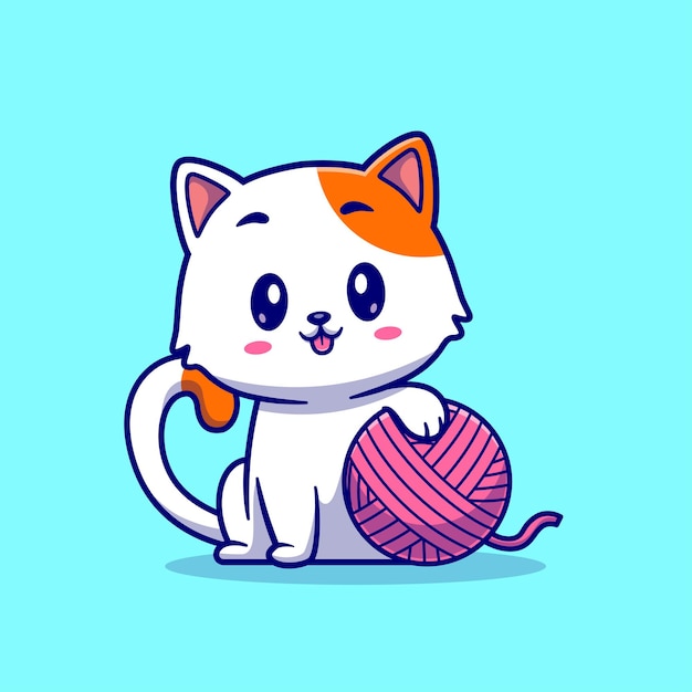 Милый кот, играющий в шар из пряжи. Изолированная концепция иконы природы животных Premium векторы. Плоский мультяшный стиль