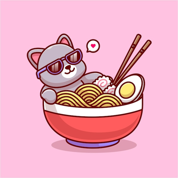 Free vector cute cat ramen noodle cartoon vector icon illustration. animal food icon concept isolated premium