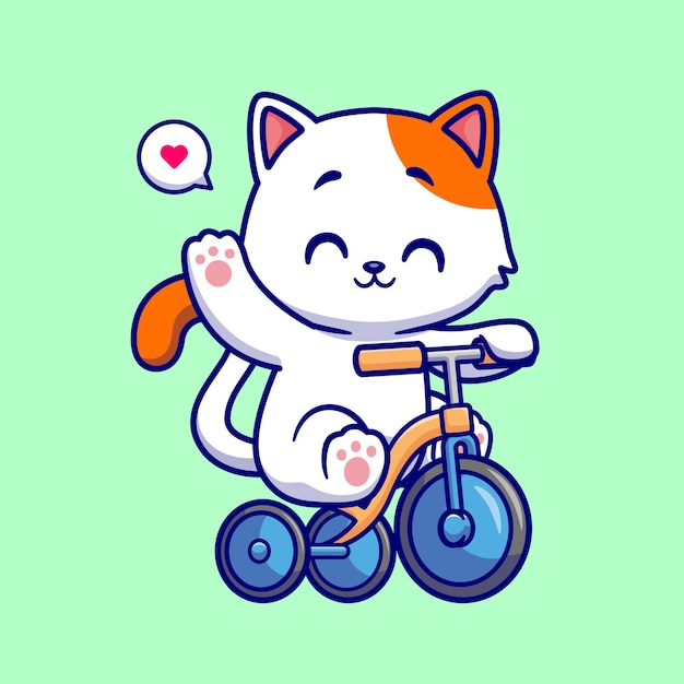 Милый кот катается на велосипеде и машет рукой мультяшный вектор значок иллюстрации. Значок перевозки животных