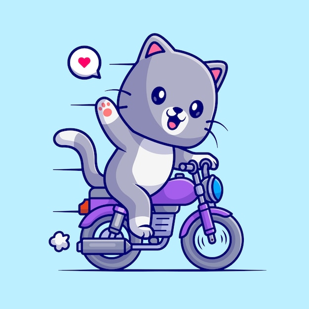 Cute Cat Riding Motorcycle Cartoon Vector Icon Illustration Animal Transportation Icon Isolated