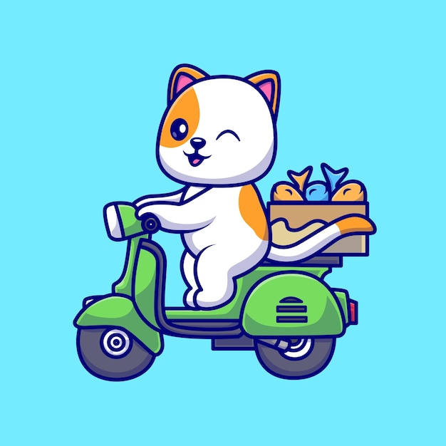 Vettore gratuito simpatico gatto in sella a scooter con scatola di pesce cartoon icona vettore illustrazione. icona del trasporto di animali