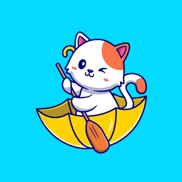 Милый кот гребет с зонтиком лодка иллюстрации шаржа. Концепция праздника животных изолированы. Плоский мультяшном стиле